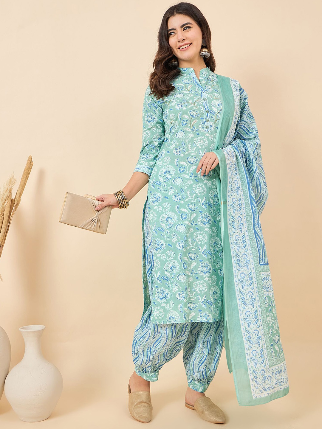 

Anouk Women Ethnic Motifs Printed Regular Pure Cotton Kurta with Harem Pants & With Dupatta, Sea green