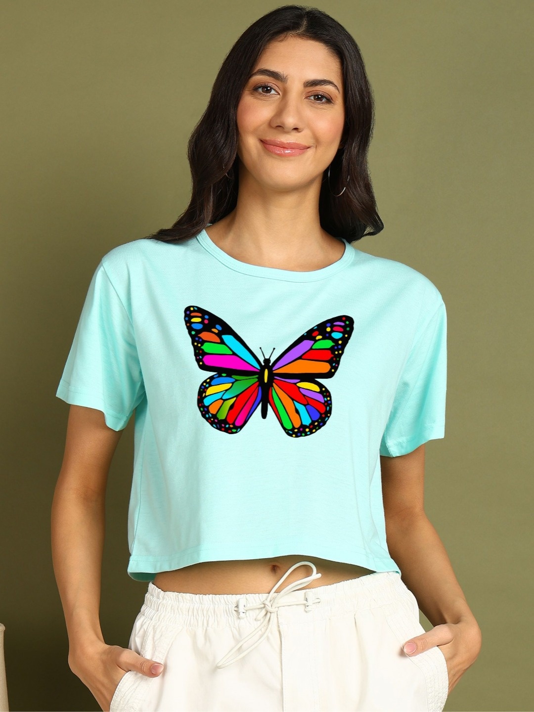 

CHOZI Women Bio Finish Graphic Printed Round Neck Cotton Boxy T-shirt, Turquoise blue
