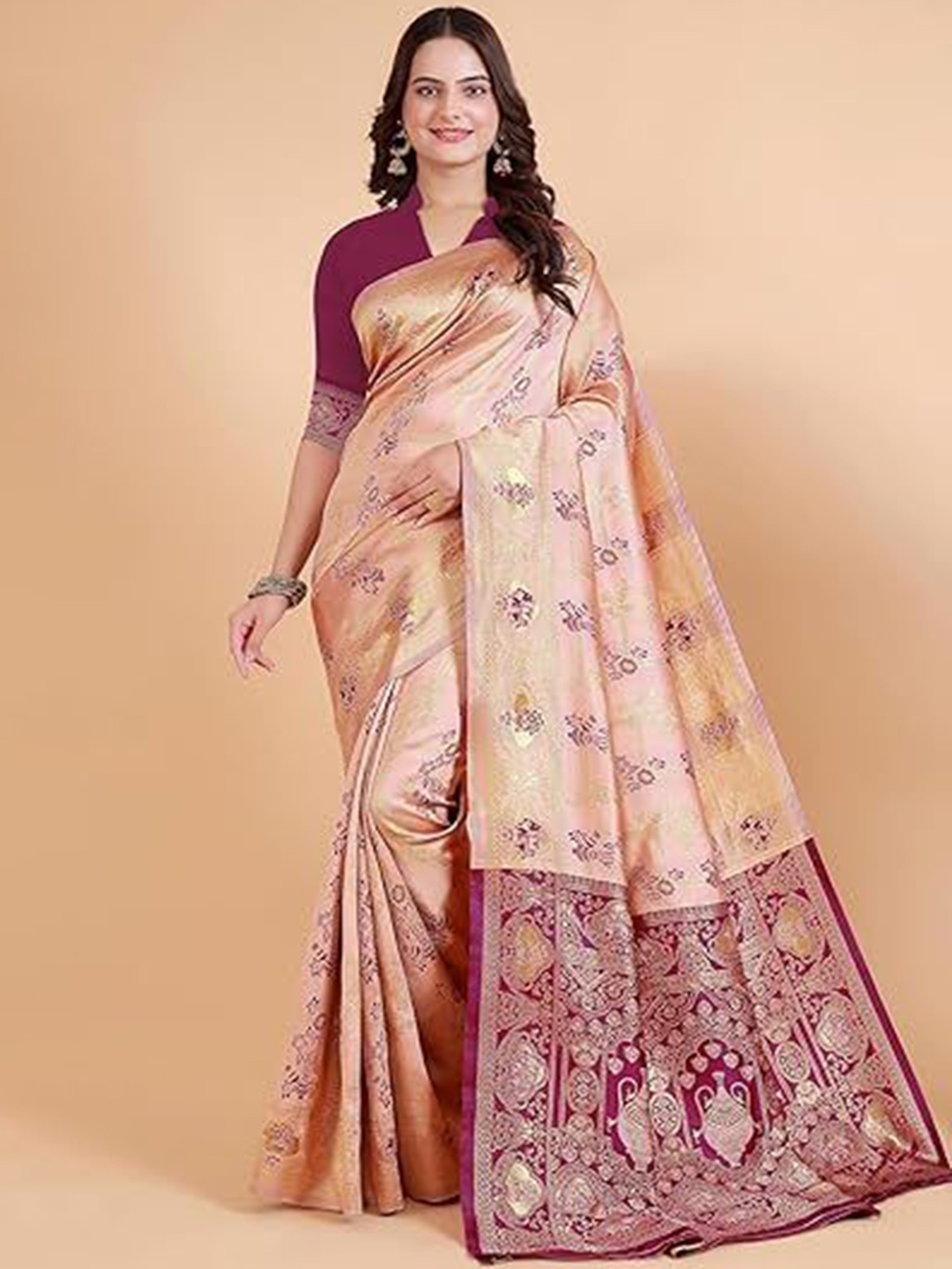 

Suratwala Ethnic Motifs Woven Design Zari Saree, Peach