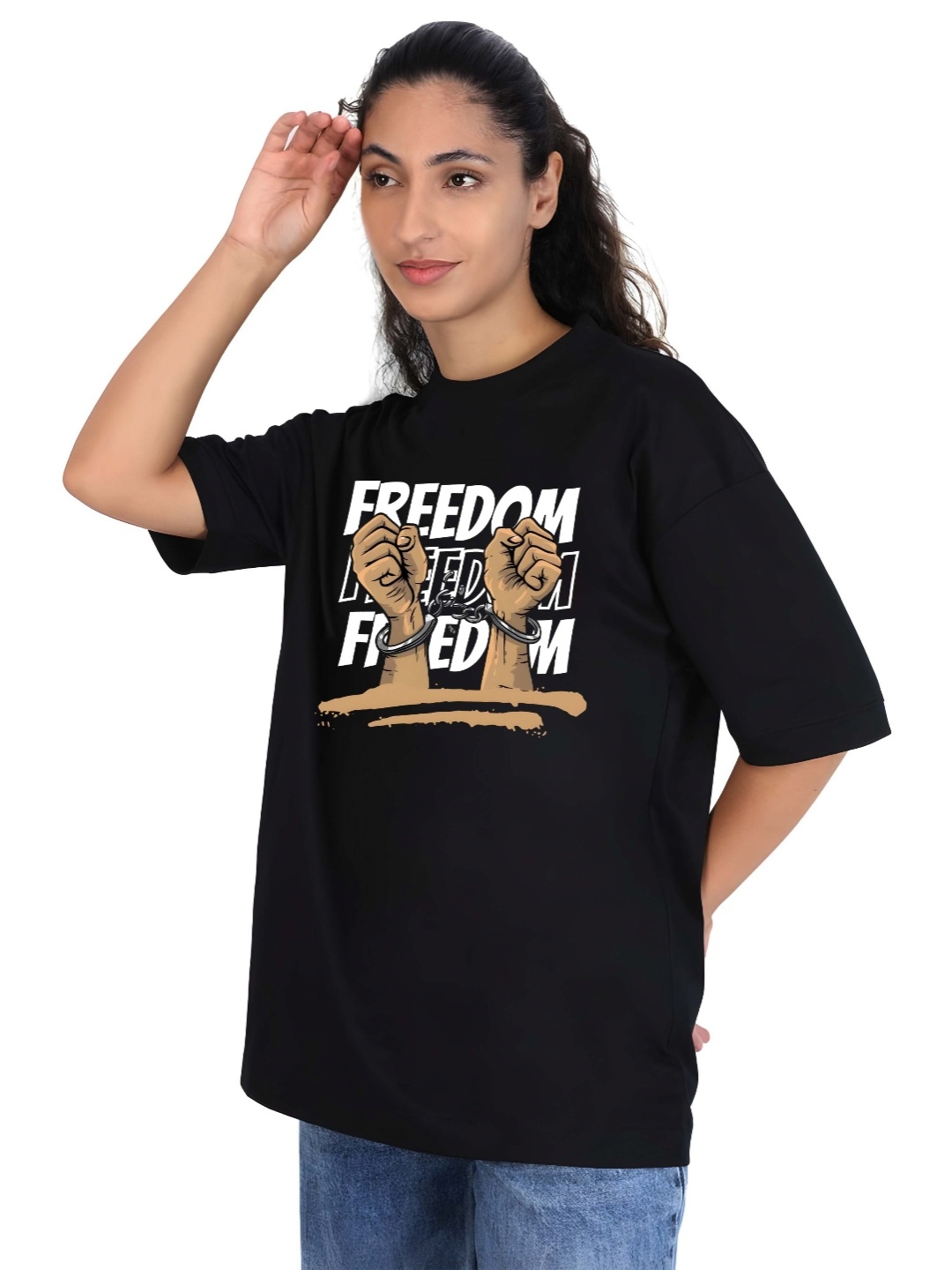 

SZN Women Graphic Printed Round Neck Cotton Oversized T-shirt, Black