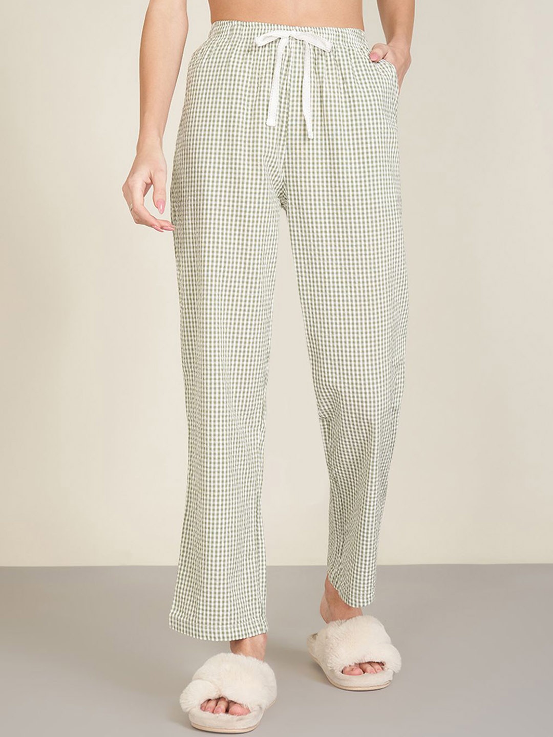 

Dreamz by Pantaloons Checked Pure Cotton Mid Rise Lounge Pants, Olive