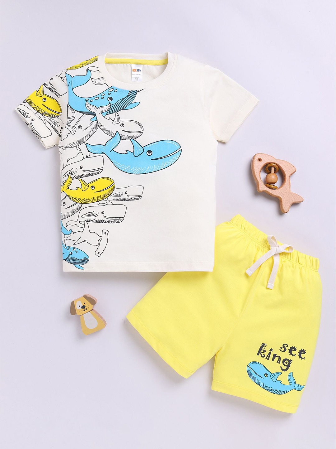 

LITTLE NINJA Boys Printed Round Neck Pure Cotton T-Shirt With Shorts, Cream
