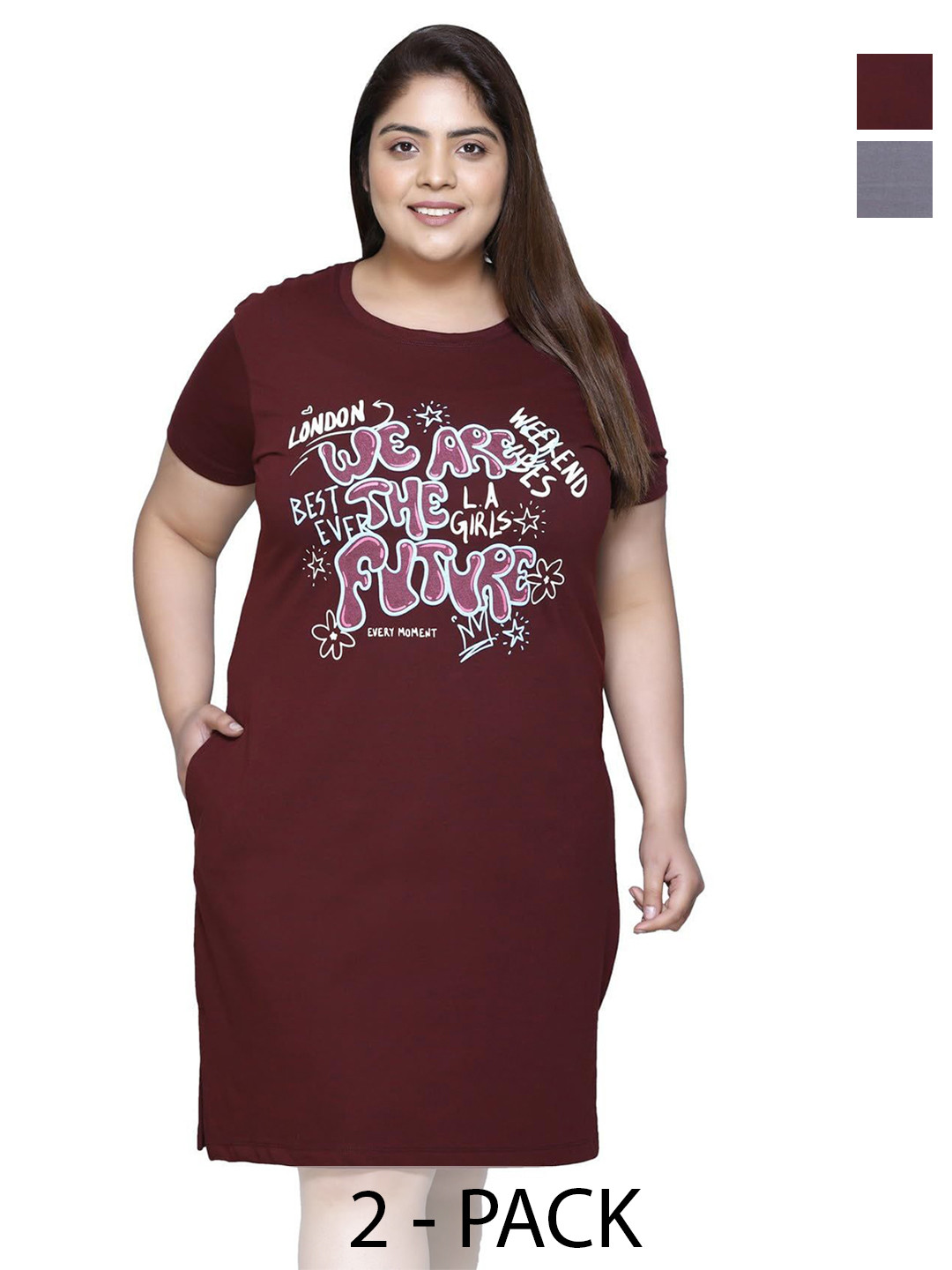 

IN Love Pack of 2 Women Plus Size Front Printed Cotton Nighty Chemise, Maroon