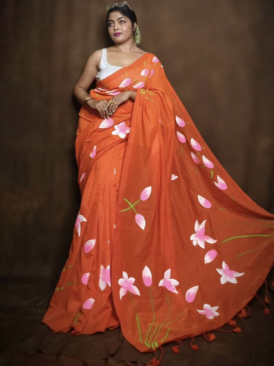 

SRILOK Floral Printed Pure Cotton Khadi Saree, Orange