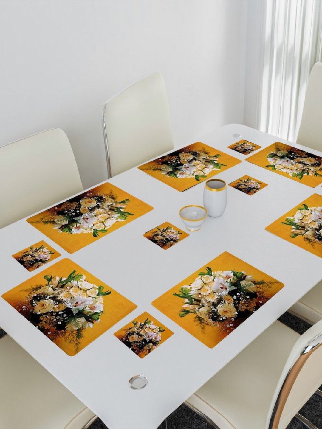 

REVEXO Yellow 12 Pieces Floral Printed Rectangular Shaped Coasters & Table Placemats