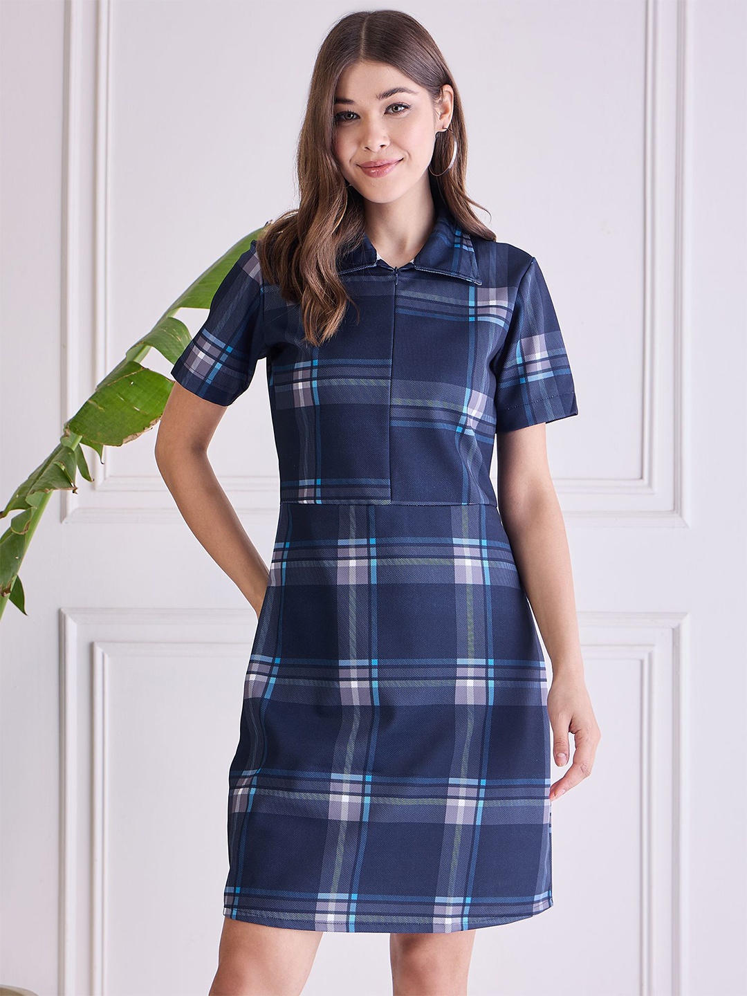 

Chemistry Checked Shirt Collar Sheath Dress, Navy blue