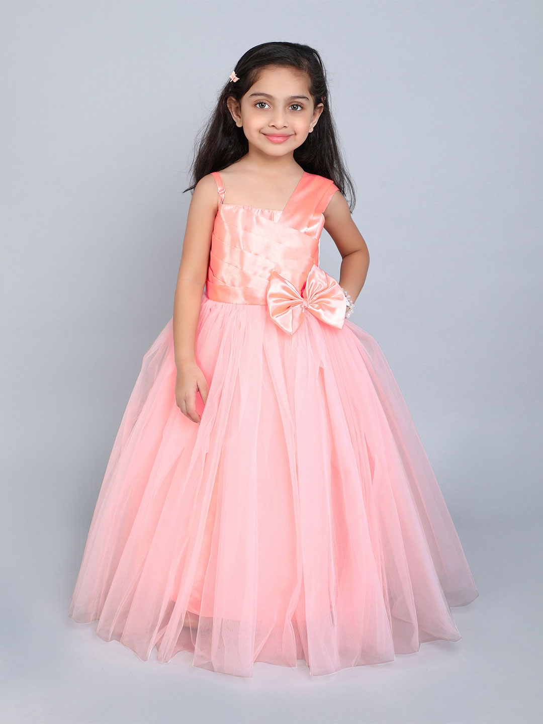 

Pink Chick Girls One Shoulder Lace Inserts Maxi Gown Dress, Peach