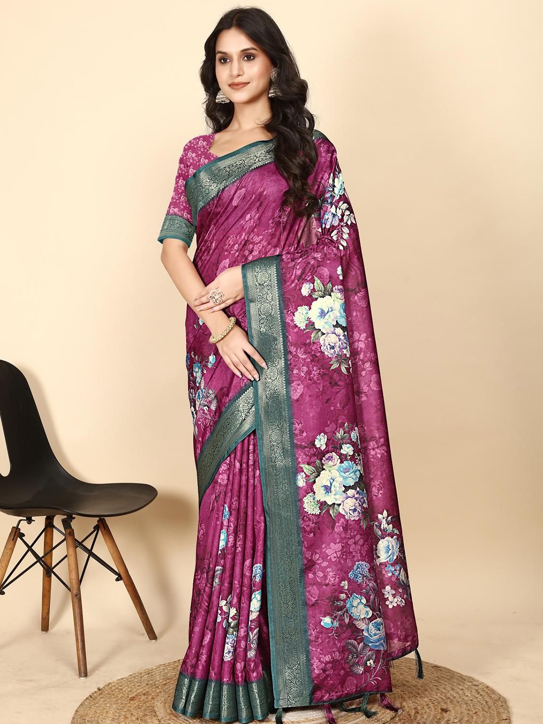 

J 6 DESIGNER Ethnic Motifs Art Silk Block Print Saree, Purple