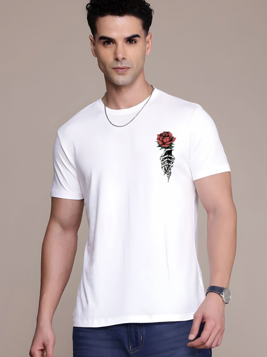 

Moda Rapido Men Floral Printed Round Neck Cotton T-shirt, White