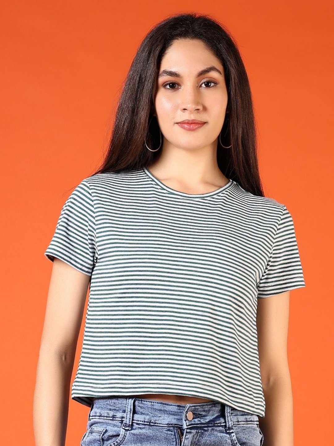 

V-Mart Women Striped Round Neck Crop Cotton T-shirt, Green