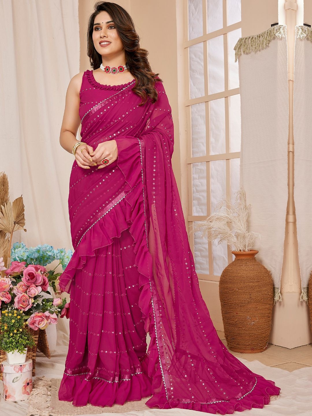 

DIVASTRI Mirror Work Embellished Ruffles Saree, Pink