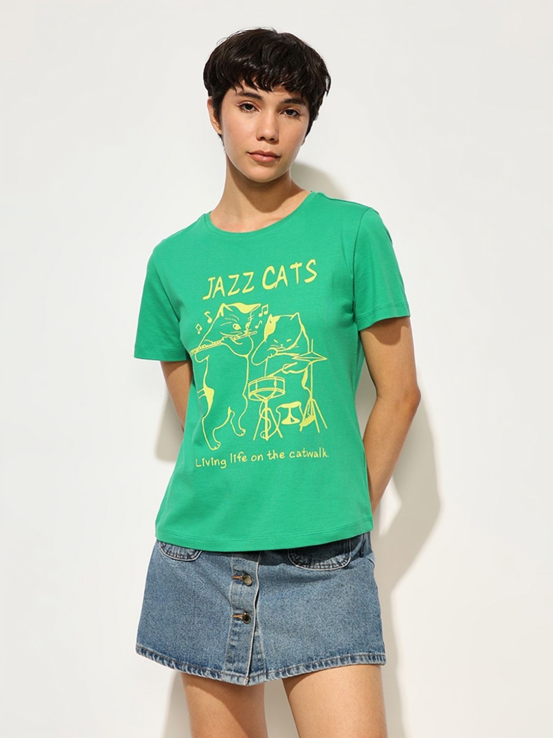 

ONLY Women Graphic Printed Round Neck Cotton T-shirt, Green