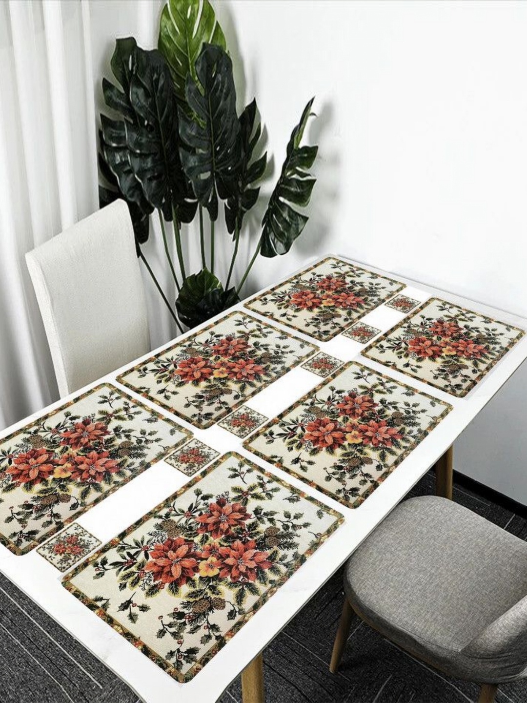 

REVEXO Beige 12 Pieces Floral Printed Rectangular Shaped Coasters & Table Placemats