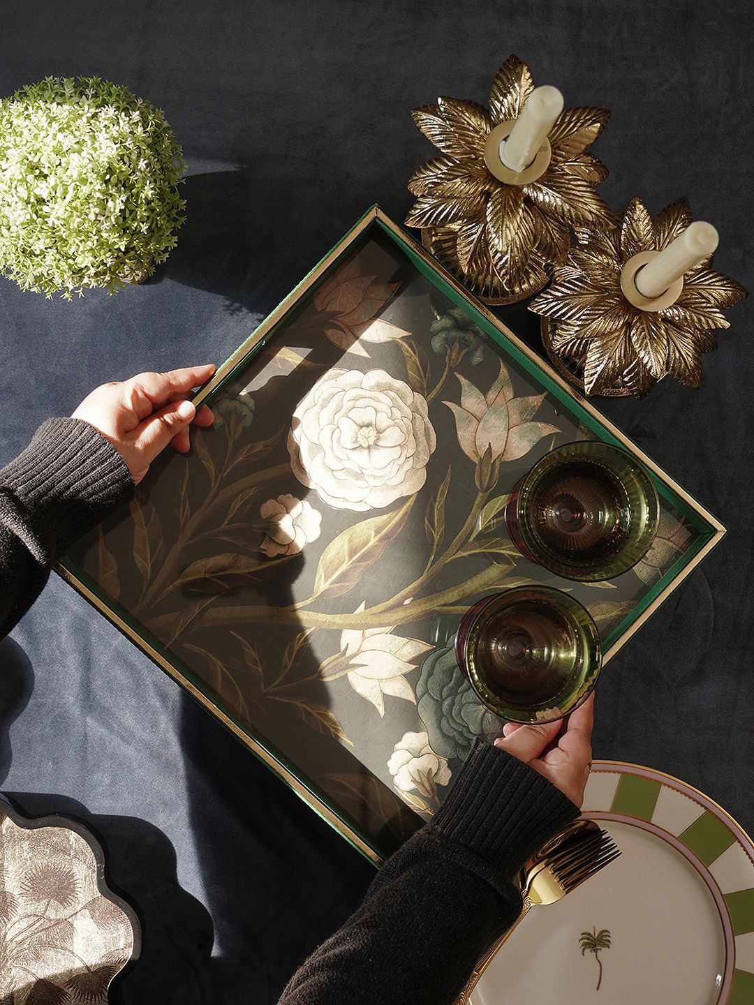 

Pure Home and Living Green & Gold-Toned Floral Printed Faux Leather and Glass Serving Tray