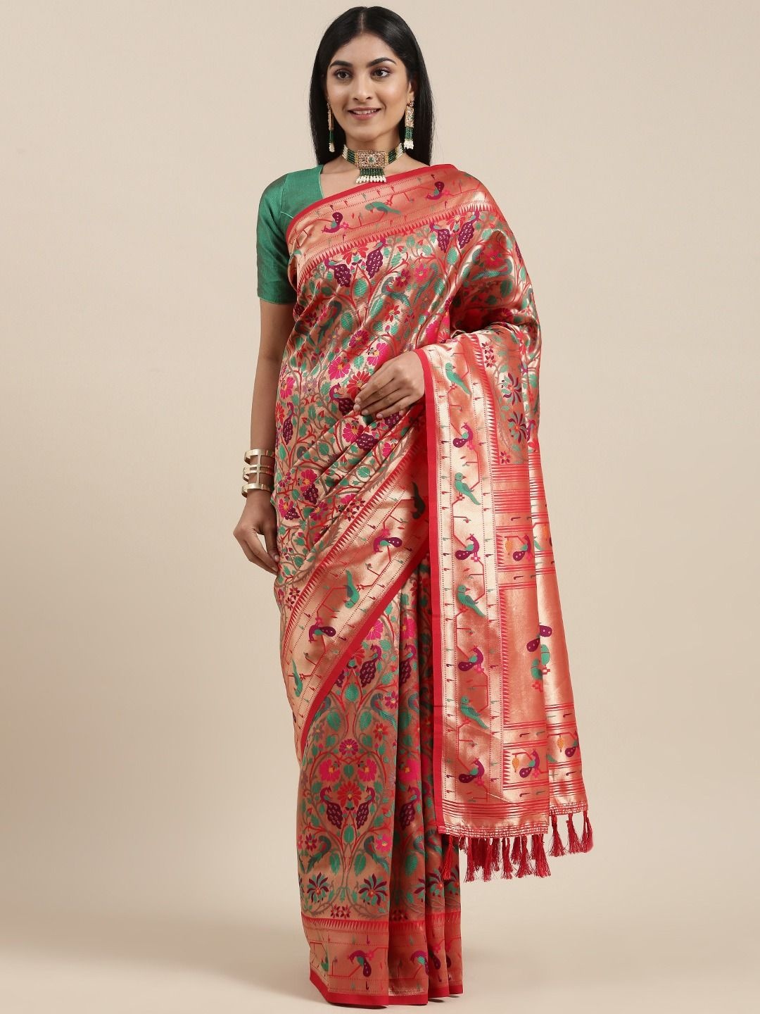 

DIVASTRI Floral Woven Design Zari Paithani Saree, Red