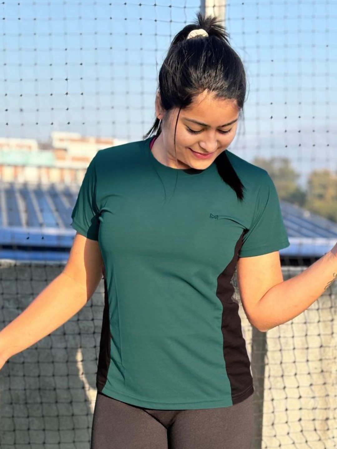

White Moon Women Colourblocked Round Neck T-shirt, Green