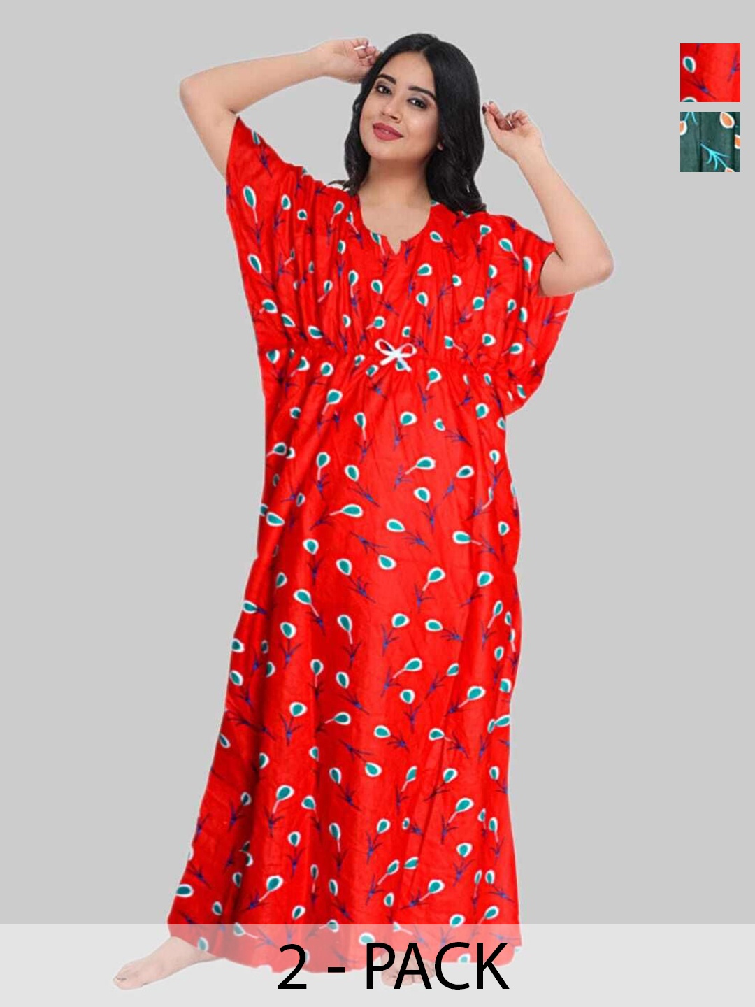 

PR PINK ROYAL Women Pack Of 2 Printed Pure Cotton Maxi Kaftan Nightdress, Red