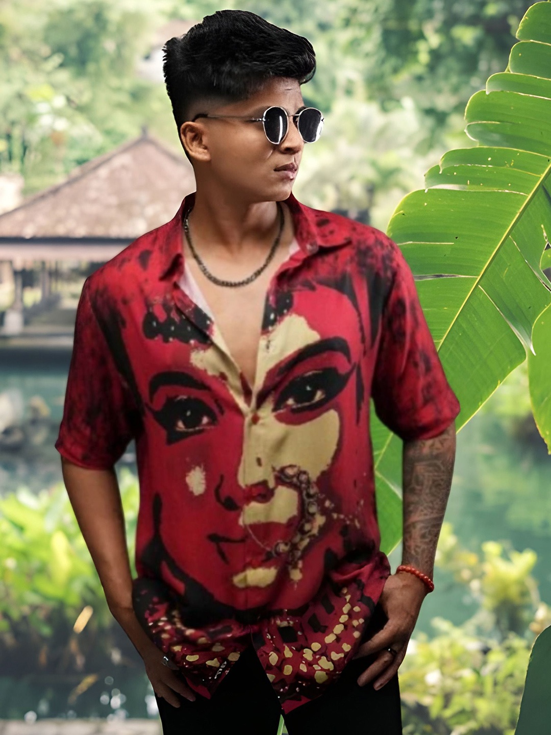

iCome Men Slim Fit Spread Collar Graphic Printed Casual Shirt, Red