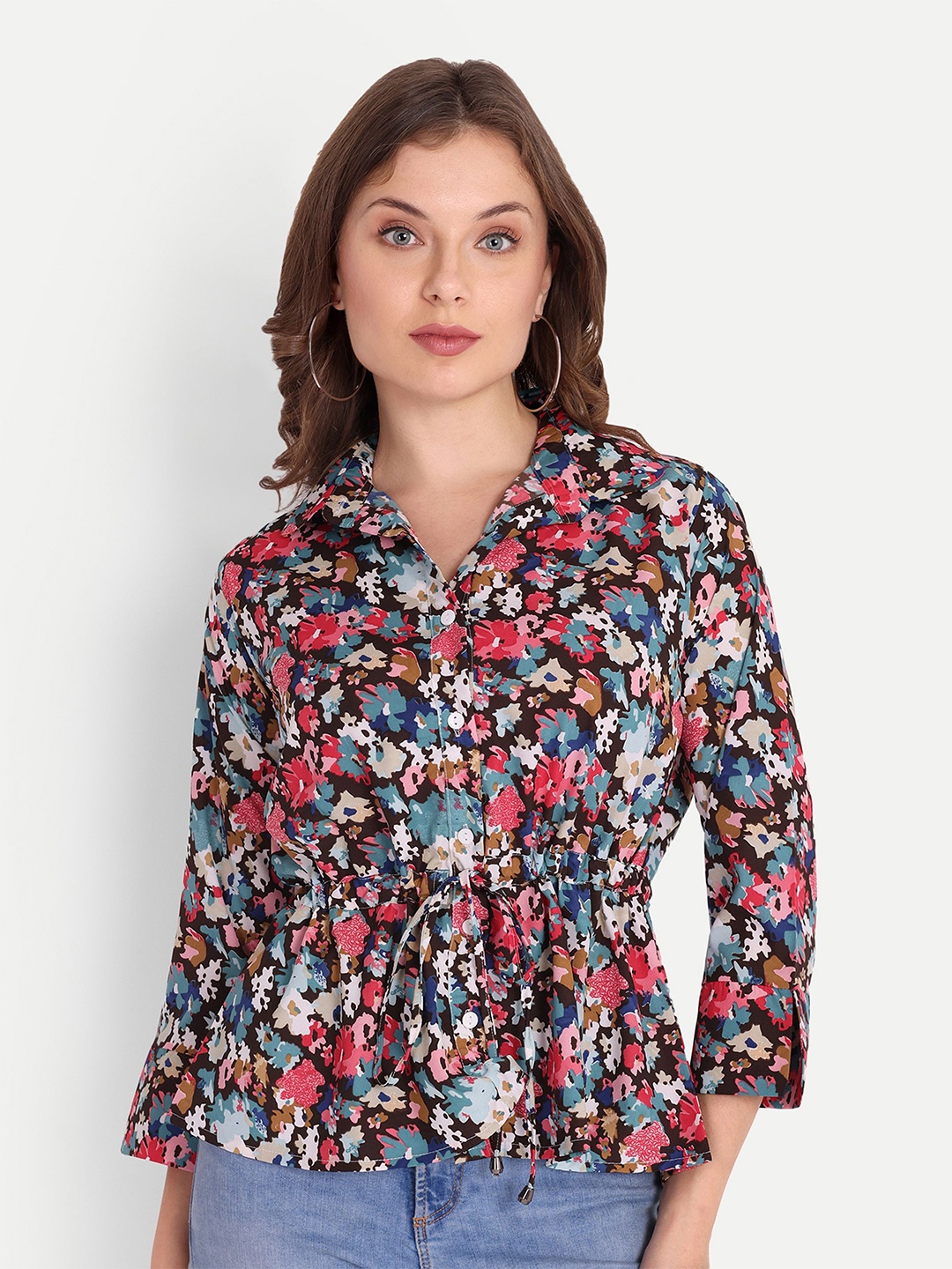 

FNOCKS Women Floral Printed Shirt Collar Cotton Top, Brown