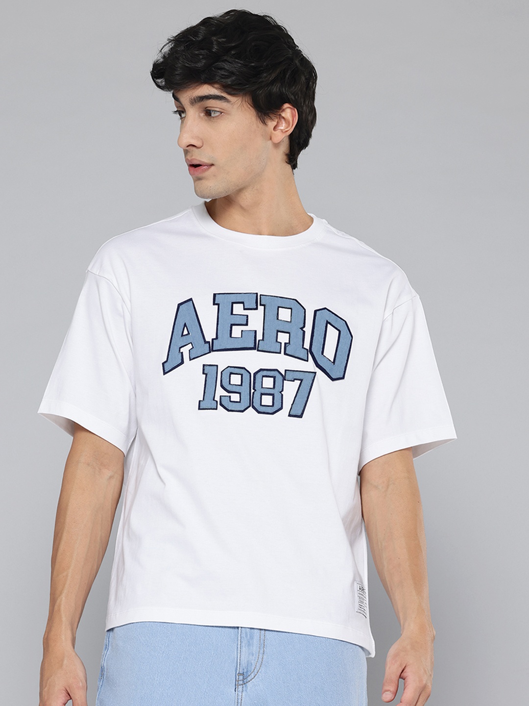 

Aeropostale Men Brand Logo Printed Drop-Shoulder Sleeves Pure Cotton T-shirt, White