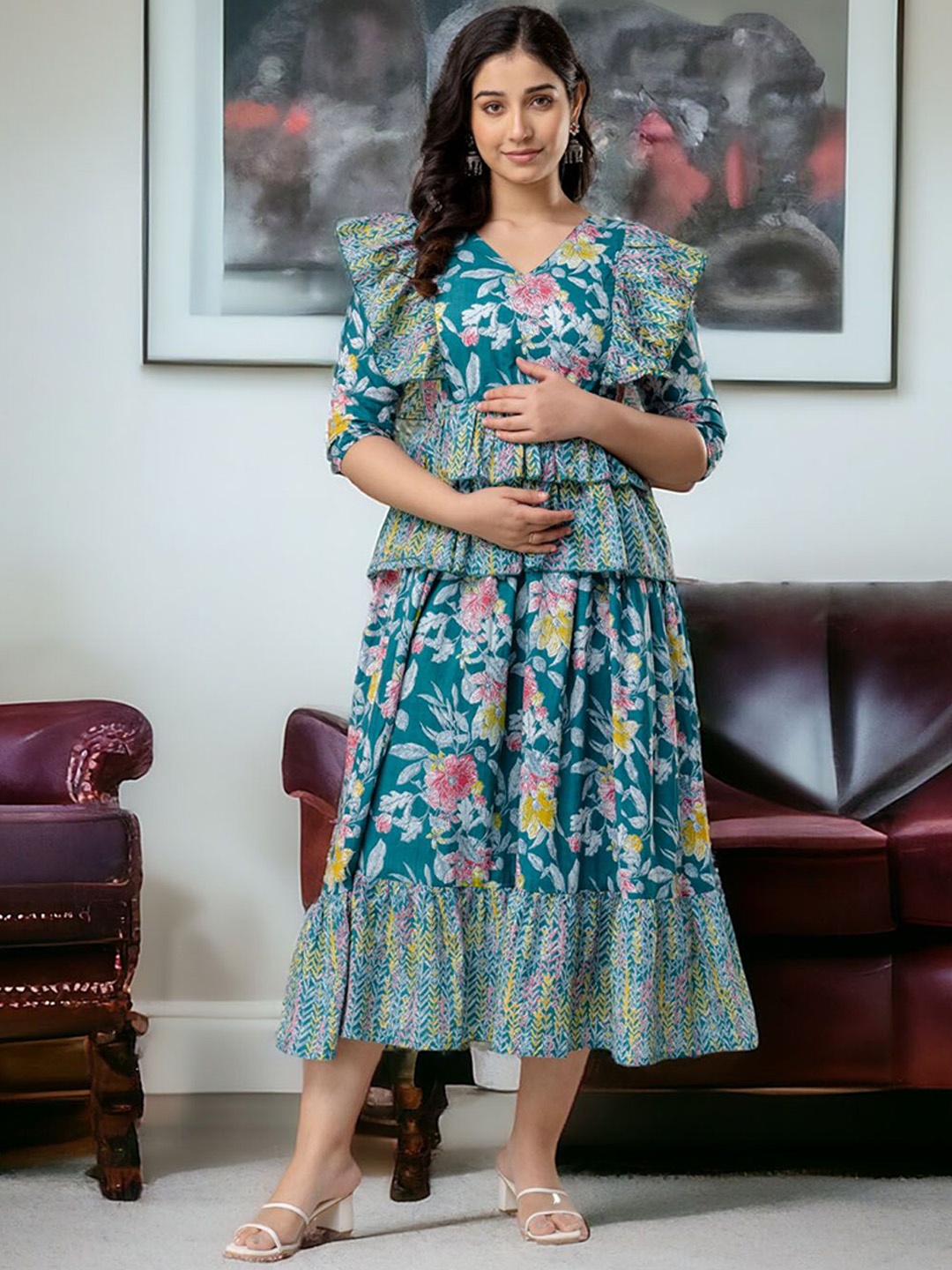 

Henal Floral Printed V-Neck Layered Pure Cotton Anarkali Maternity Kurta, Teal