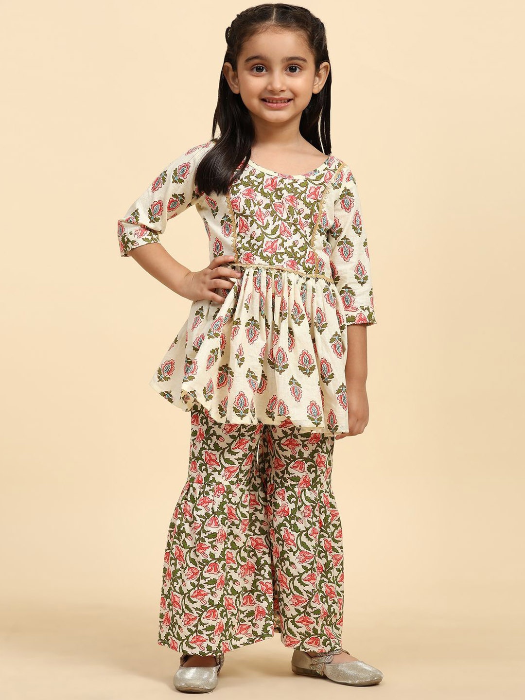 

BAESD Girls Ethnic Motifs Printed Round Neck Pure Cotton Kurta With Sharara, Beige