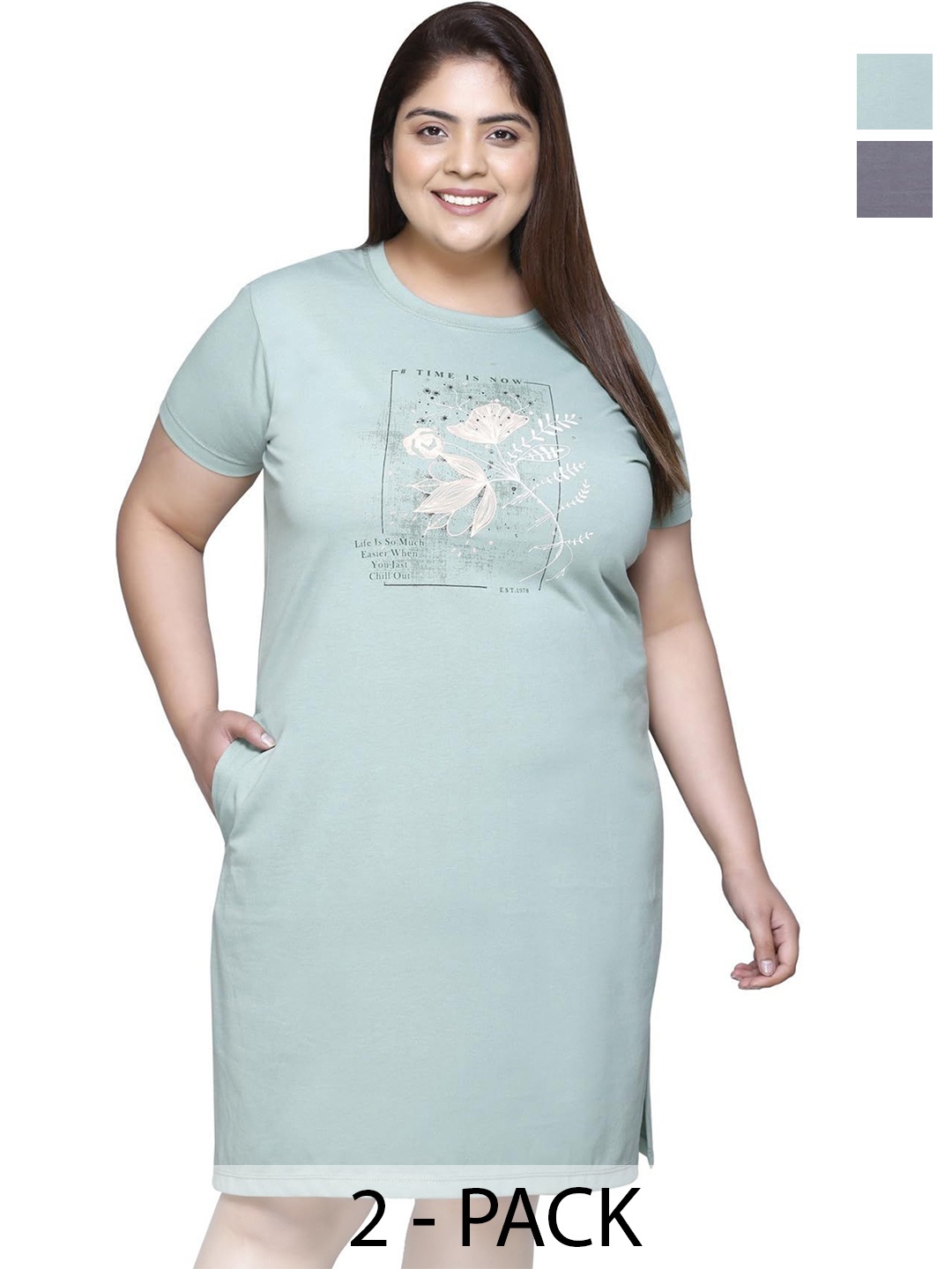 

IN Love Pack of 2 Women Plus Size Front Printed Cotton Nighty Chemise, Green
