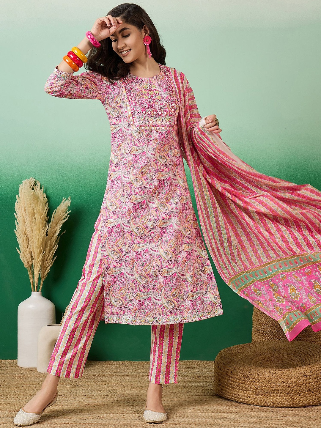 

Sangria Paisley Printed with Yoke Embroidered Cotton Kurta with Trousers & Dupatta Set, Pink