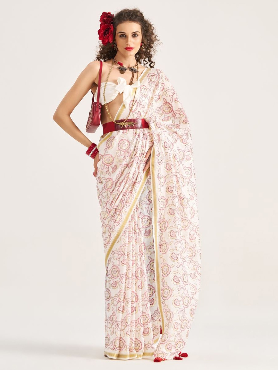 

Suha Womens Fashion Ethnic Floral Printed Pure Cotton Saree, White