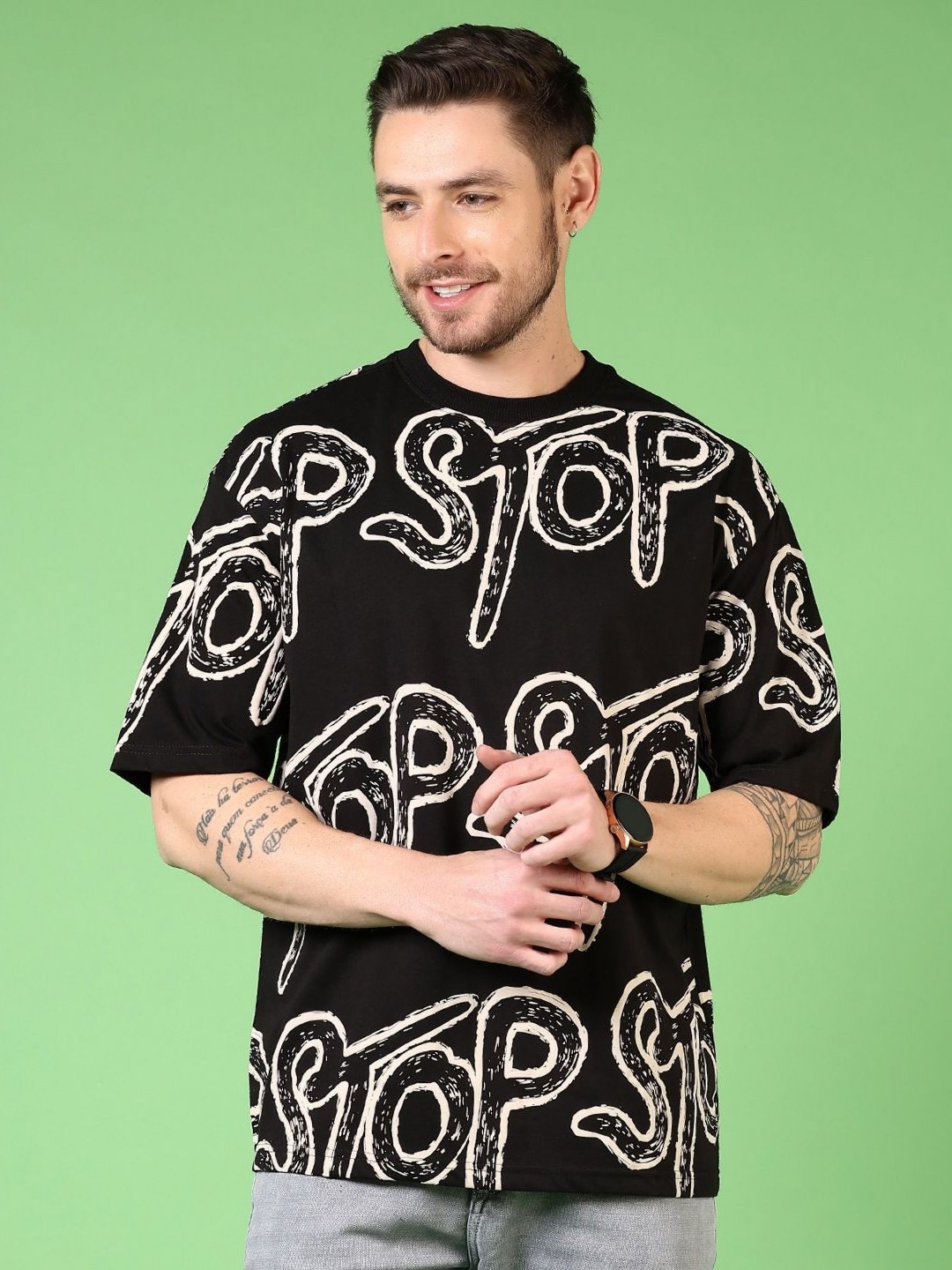 

V-Mart Men Typography Printed Round Neck Cotton Oversized T-shirt, Black