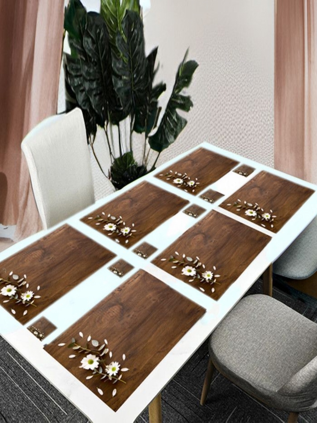 

REVEXO 6Pc Brown & White Printed Rectangle Costers & Table Placemats