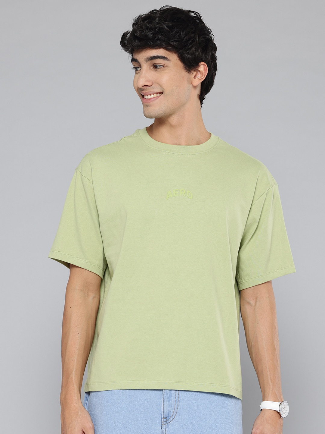 

Aeropostale Men Brand Logo Printed Drop-Shoulder Sleeves Pure Cotton T-shirt, Green