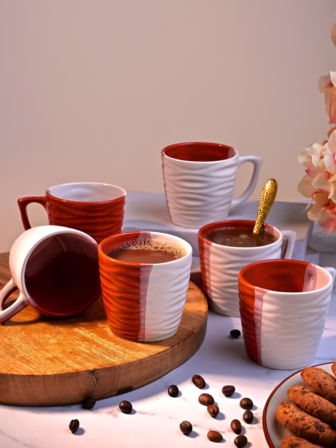 

Storepedia Red & White 6 Pieces Textured Glossy Ceramic Coffee Mugs 150 ml Each