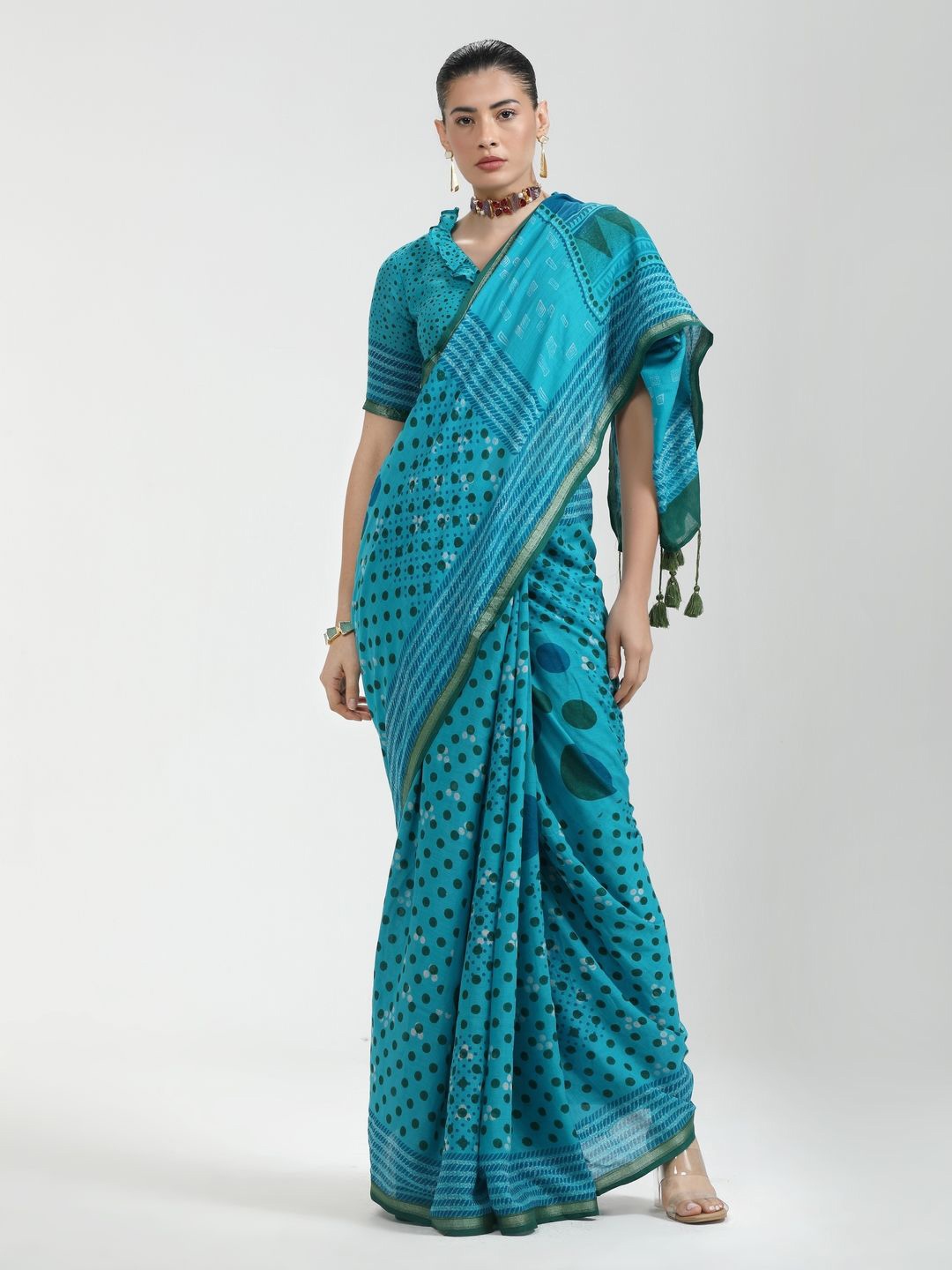 

Suha Zari Pure Cotton Saree, Turquoise blue