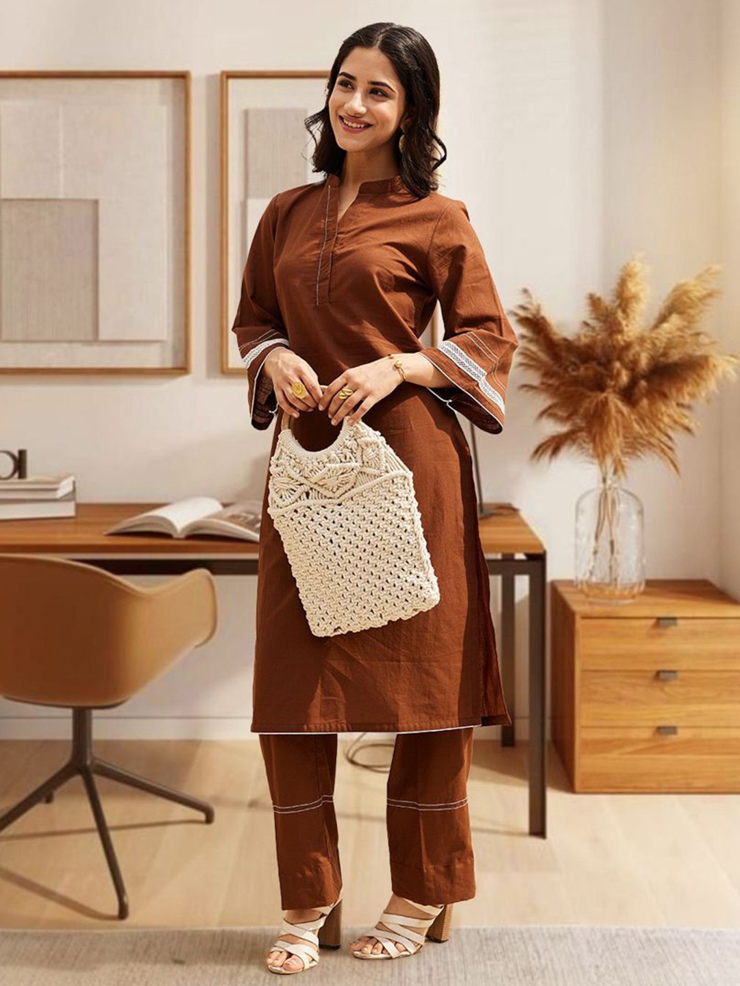 

Ambraee Mandarin Collar Pure Cotton Straight Kurta with Trousers, Brown