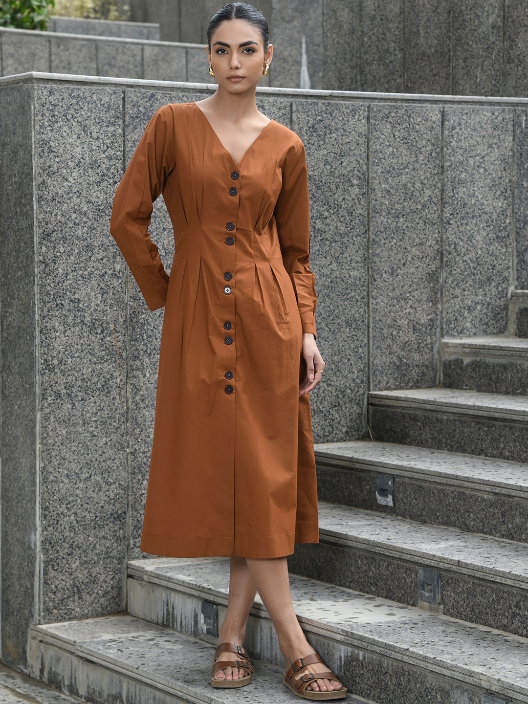 

PINK CACTII Women Formal Fit & Flare Midi Dress, Brown
