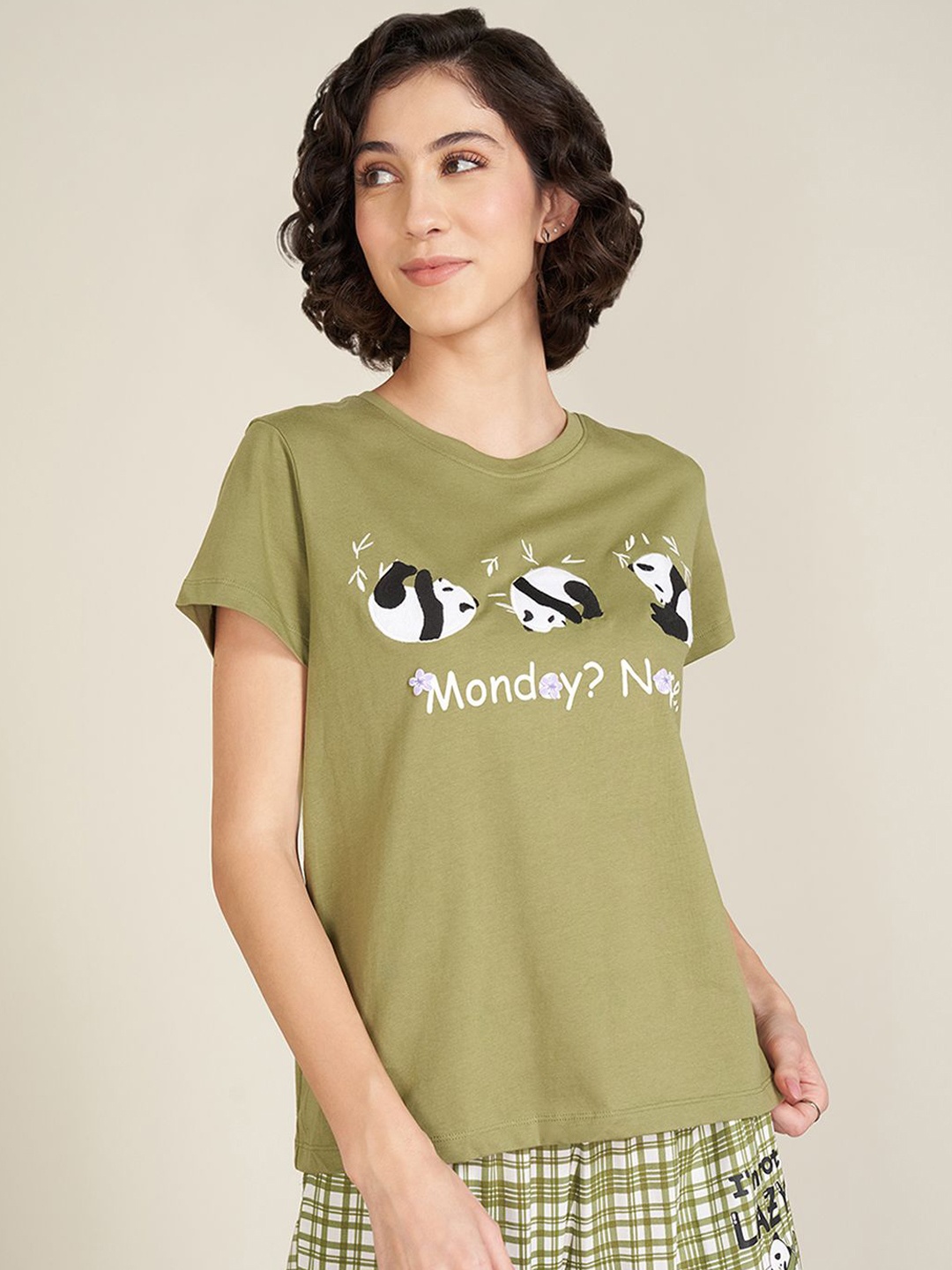 

Dreamz by Pantaloons Women Graphic Printed Pure Cotton Lounge T-Shirt, Olive