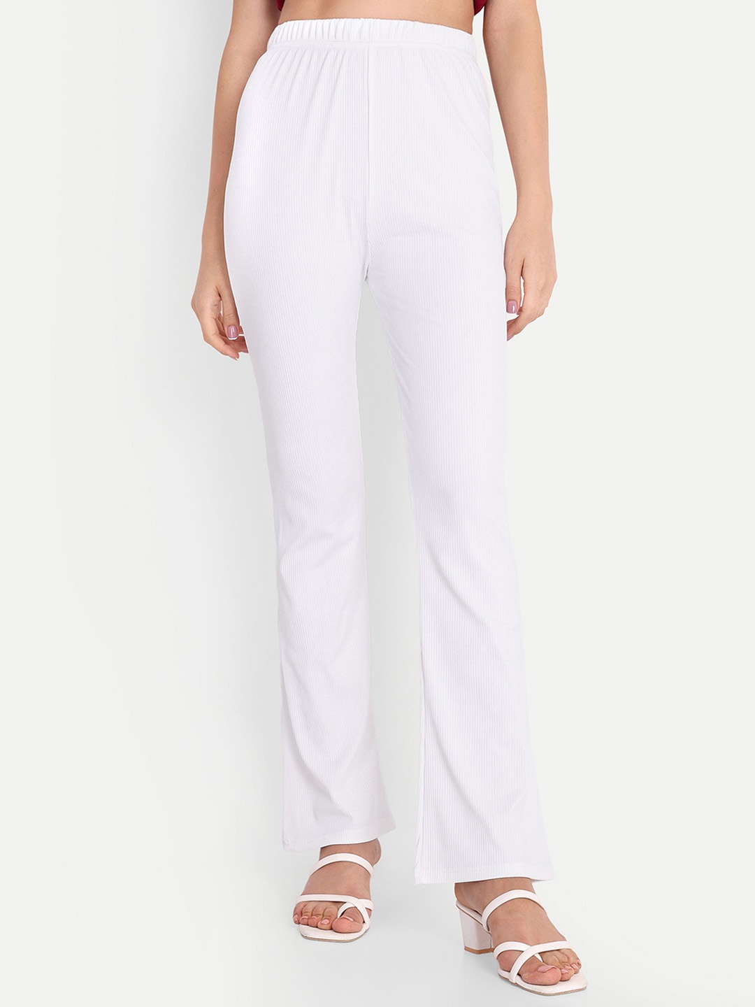 

FNOCKS Women Striped Relaxed High-Rise Trousers, White