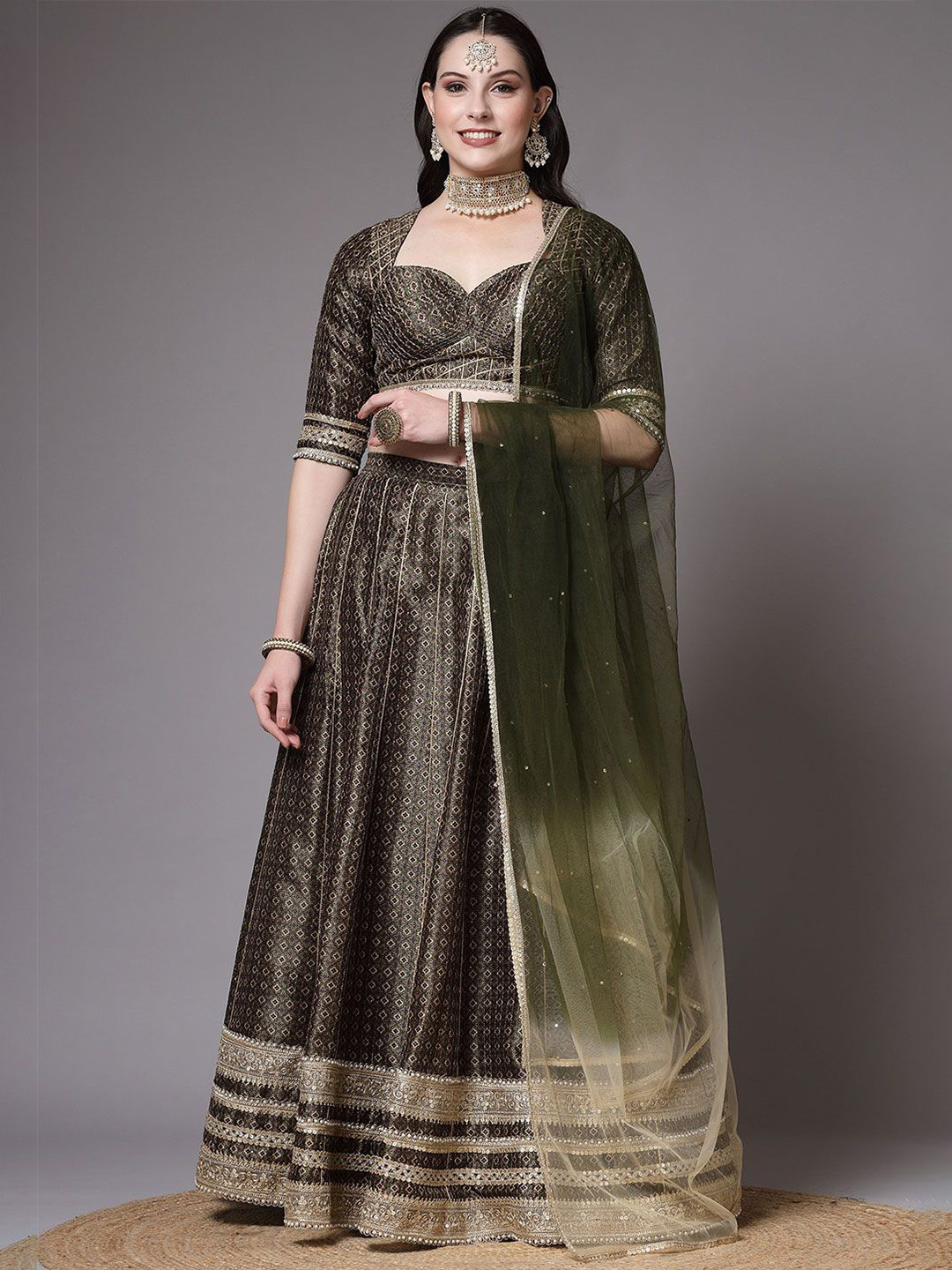 

Utsav Fashion Printed Gotta Patti Ready to Wear Lehenga & Choli With Dupatta, Olive