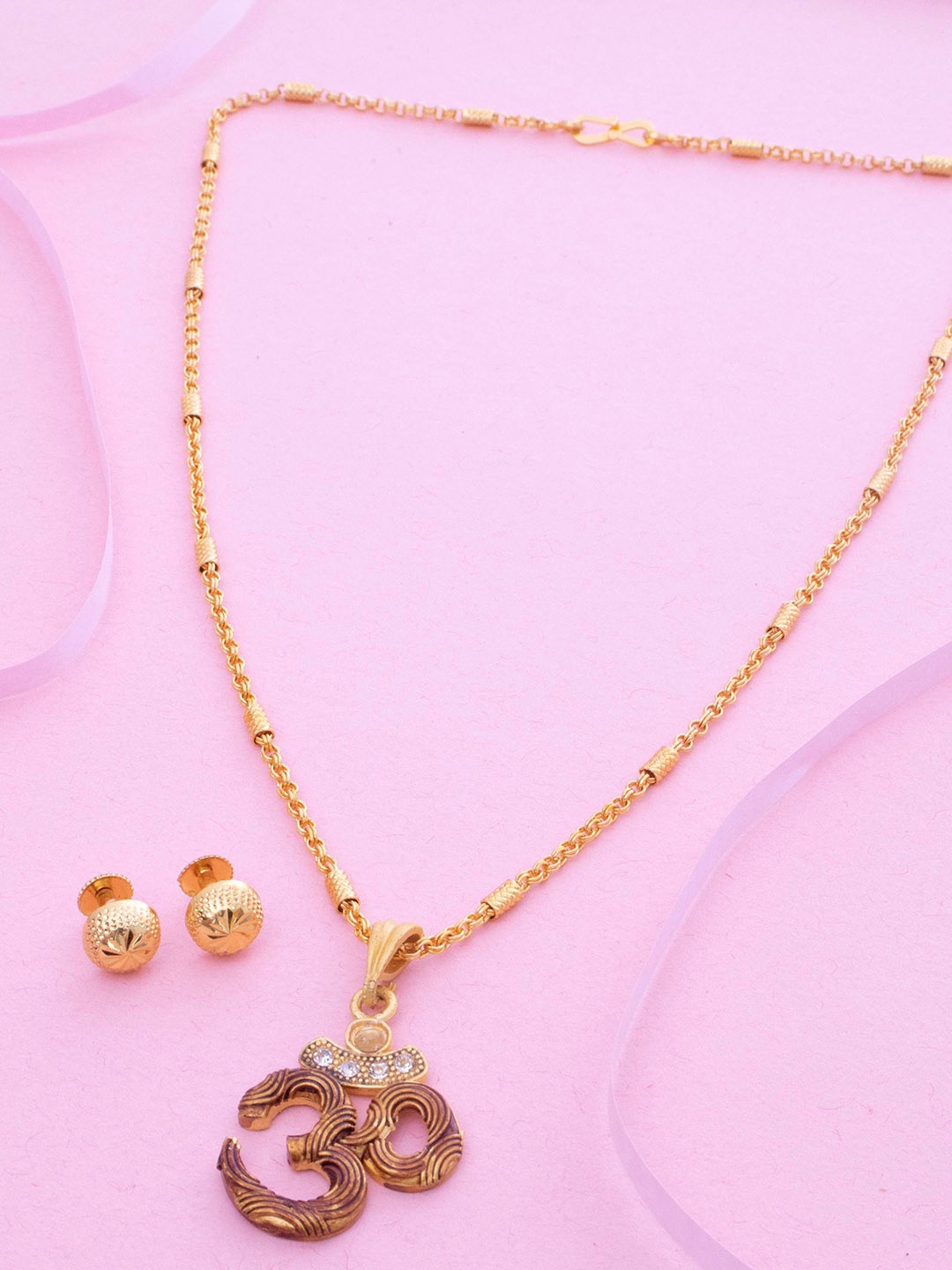 

Ramdev Art Fashion Jwellery Gold-Plated Artificial Stones Studded OM Pendant Jewellery Set