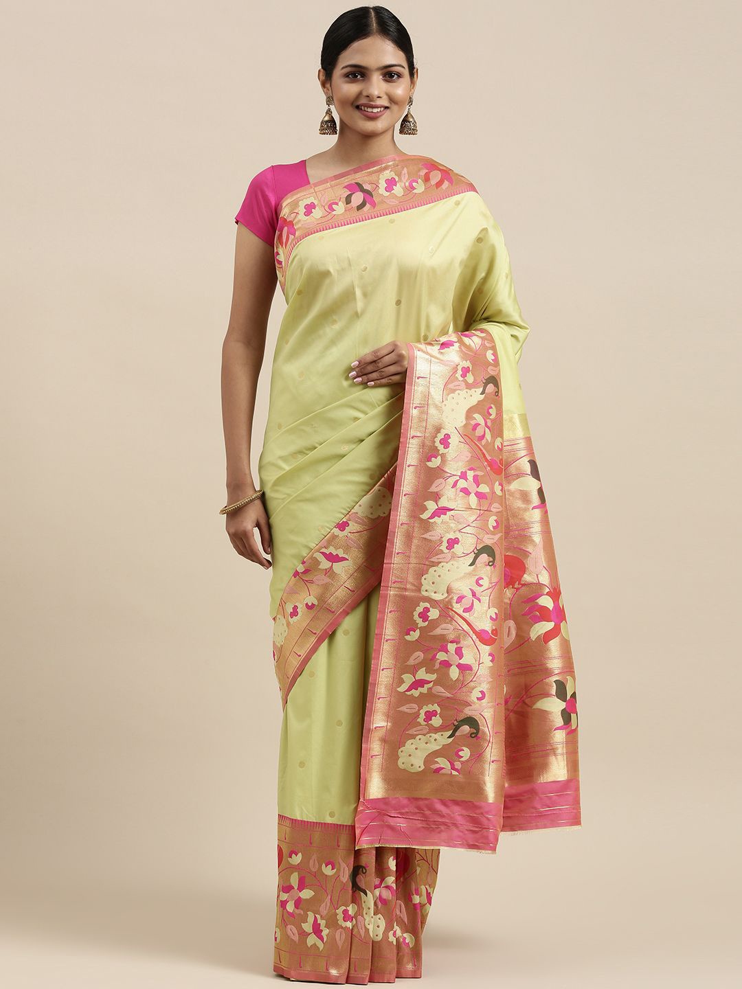 

DIVASTRI Woven Design Zari Silk Blend Saree, Lime green