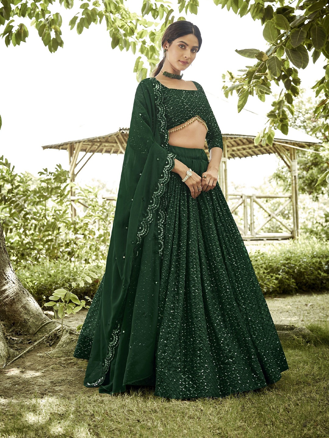 

Warthy Ent Sequinned Embroidered Semi-Stitched Lehenga With Unstitched Blouse & Dupatta, Green