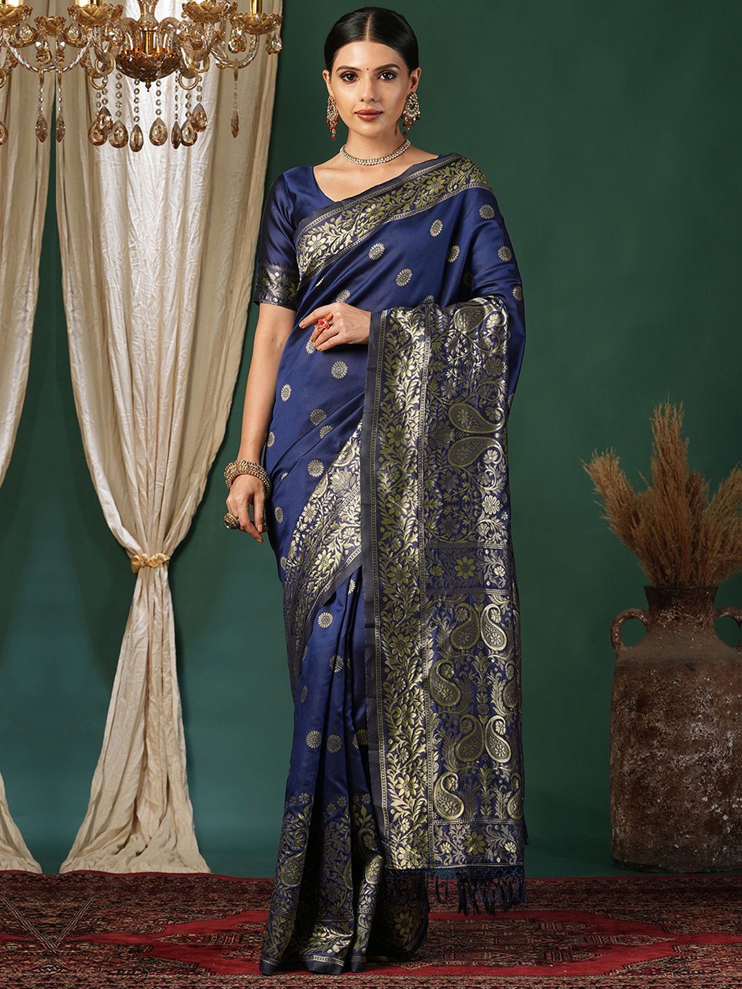 

KALINI Woven Design Zari Silk Blend Banarasi Saree, Blue