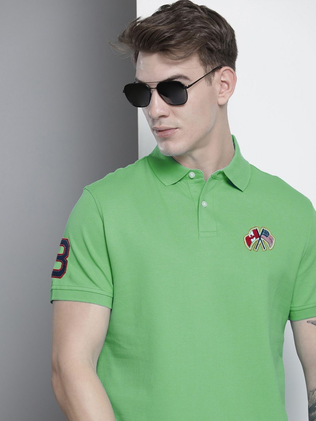 

MERRIMENT Men Solid Polo Collar Cotton T-shirt, Green