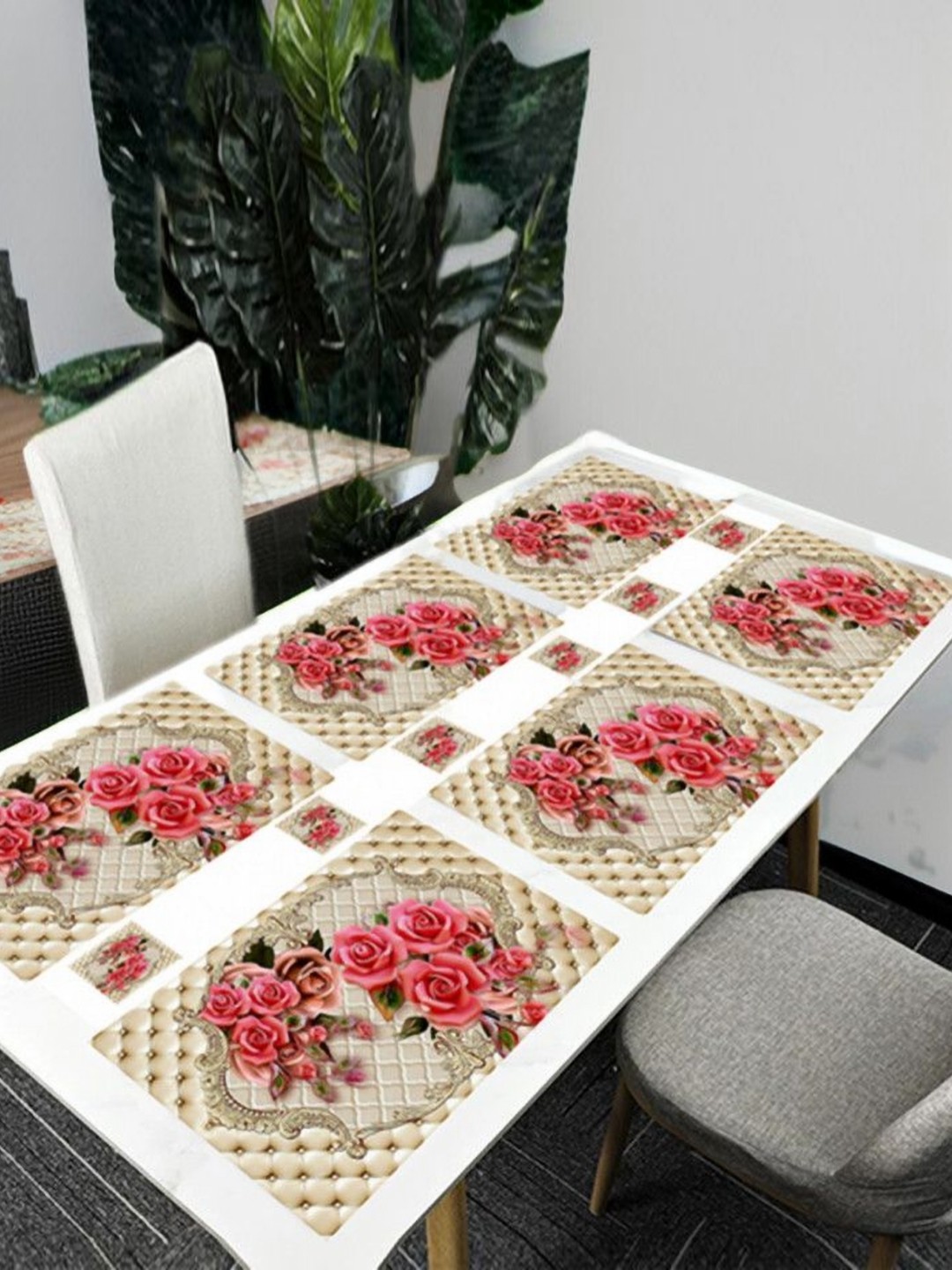

REVEXO Cream & Pink 12 Pieces Floral Printed Non Slip Table Placemats With Coasters