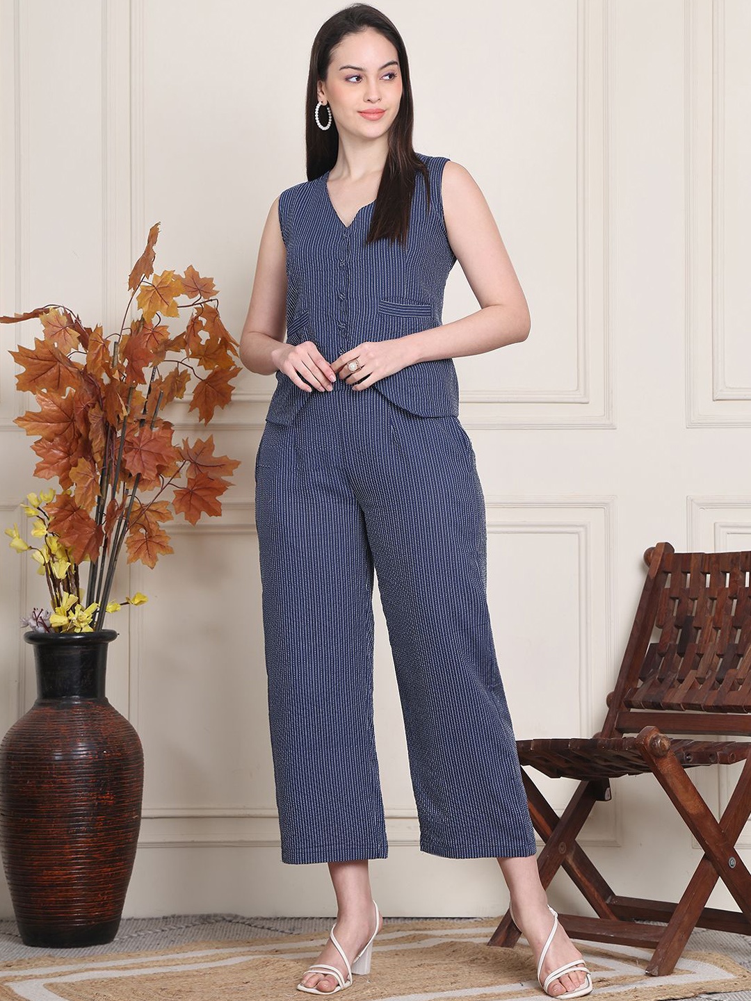 

SOUNDARYA Striped Pure Cotton Waistcoat & Trouser, Navy blue