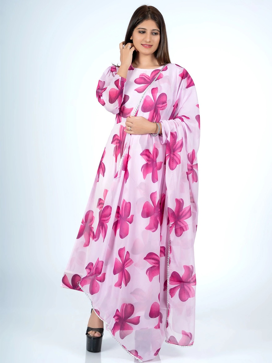 

Raiyani Fashion Floral Printed Round Neck Fit & Flare Maxi Dress With Dupatta, Pink
