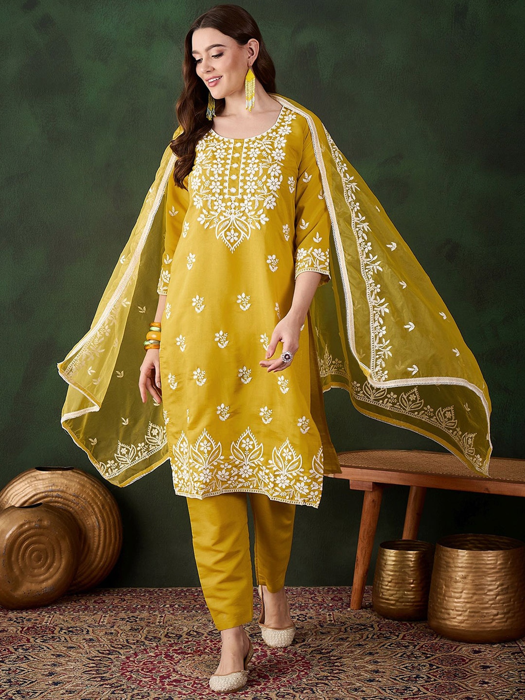 

HERE&NOW Mustard Yellow Floral Embroidered Straight Kurta With Trousers & Dupatta
