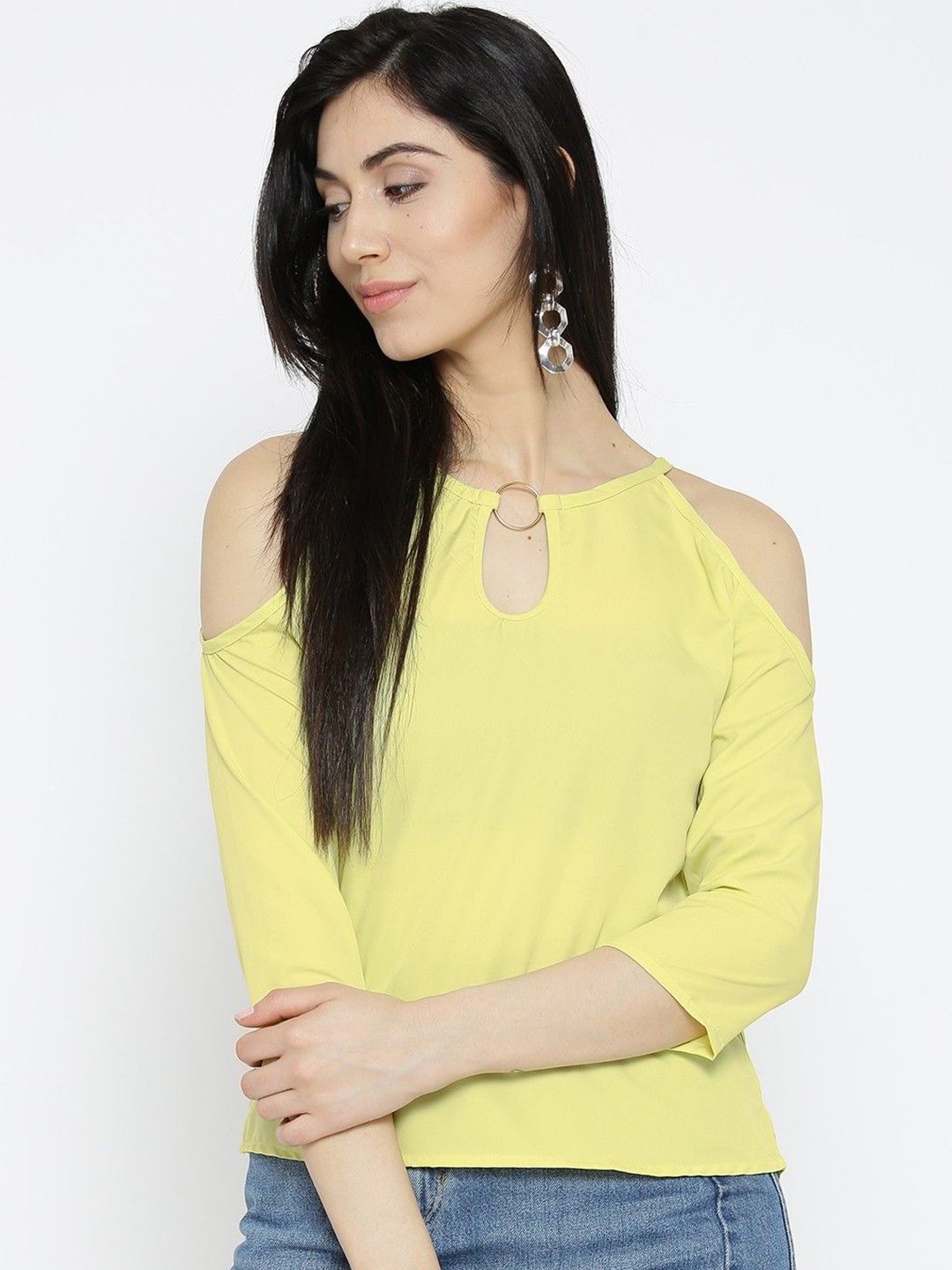 

Moda Rapido Women Keyhole Neck Cold-Shoulder Top, Yellow