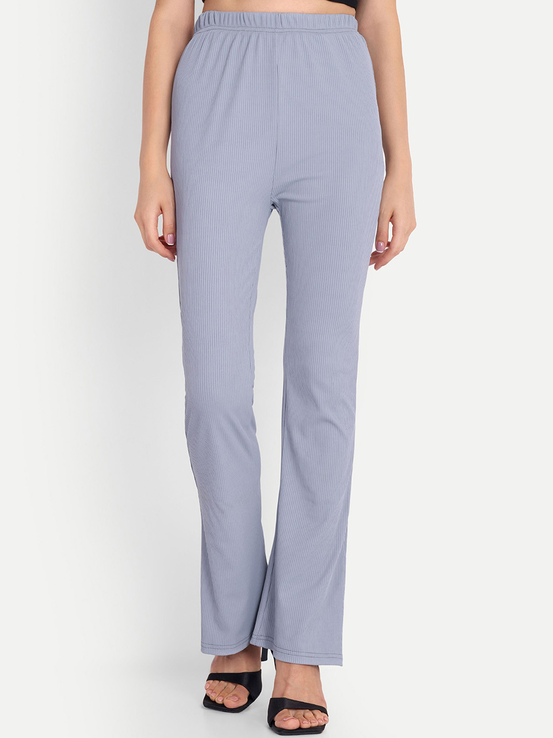 

FNOCKS Women Striped Relaxed High-Rise Trousers, Grey